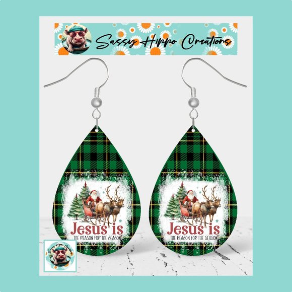 Earrings Jesus is the Reason for the Season Christmas Santa Green Sublimated - Picture 1 of 4
